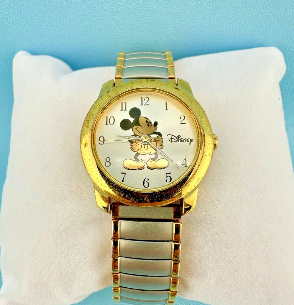 Vintage Mickey Mouse Gold Silver Tone Stretch Band Wrist Watch Tested Works - Picture 1 of 14